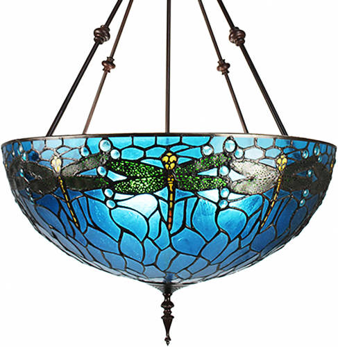 Clayre & Eef Lumilamp Hanglamp Tiffany Ø 61x190 Cm Blauw Groen Metaal Glas Libelle Hanglamp Eettafel Hanglampen Eetkamer Glas In