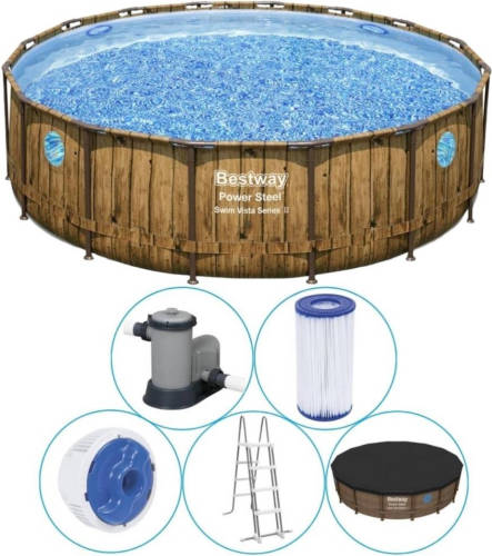 Bestway - Power Steel Swim Vista - Opzetzwembad Inclusief Filterpomp En Accessoires - 488x122 Cm - Houtprint - Rond