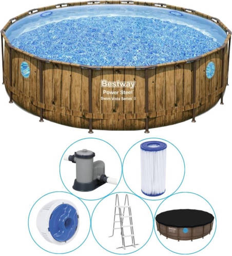 Bestway - Power Steel Swim Vista - Opzetzwembad Inclusief Filterpomp En Accessoires - 549x122 Cm - Houtprint - Rond