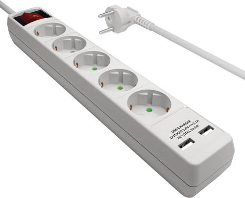 Stekkerdoos - Schuko - 5 Voudig - 2x Usb - Aan/uit Schakelaar - Wit - Allteq