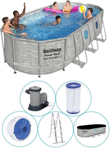 Bestway - Power Steel Swim Vista - Opzetzwembad Inclusief Filterpomp En Accessoires - 549x274x122 Cm - Steenprint