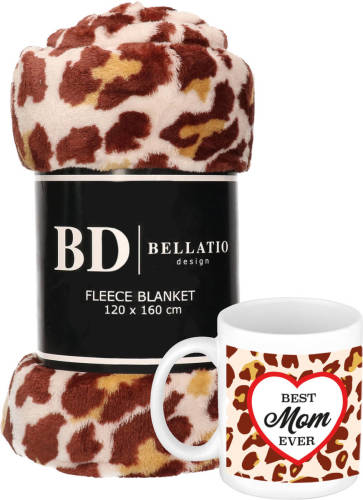 Bellatio Design Cadeau Moeder Set - Fleece Plaid/deken Panter Print Met Best Mom Ever Panterprint Mok - Plaids