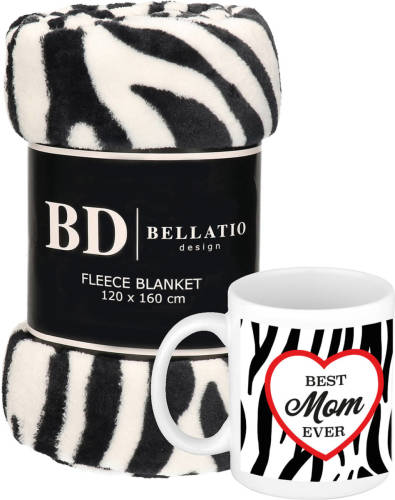 Bellatio Design Cadeau Moeder Set - Fleece Plaid/deken Zebra Print Met Best Mom Ever Zebraprint Mok - Plaids