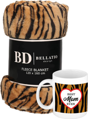 Bellatio Design Cadeau Moeder Set - Fleece Plaid/deken Tijger Print Met Best Mom Ever Tijgerprint Mok - Plaids
