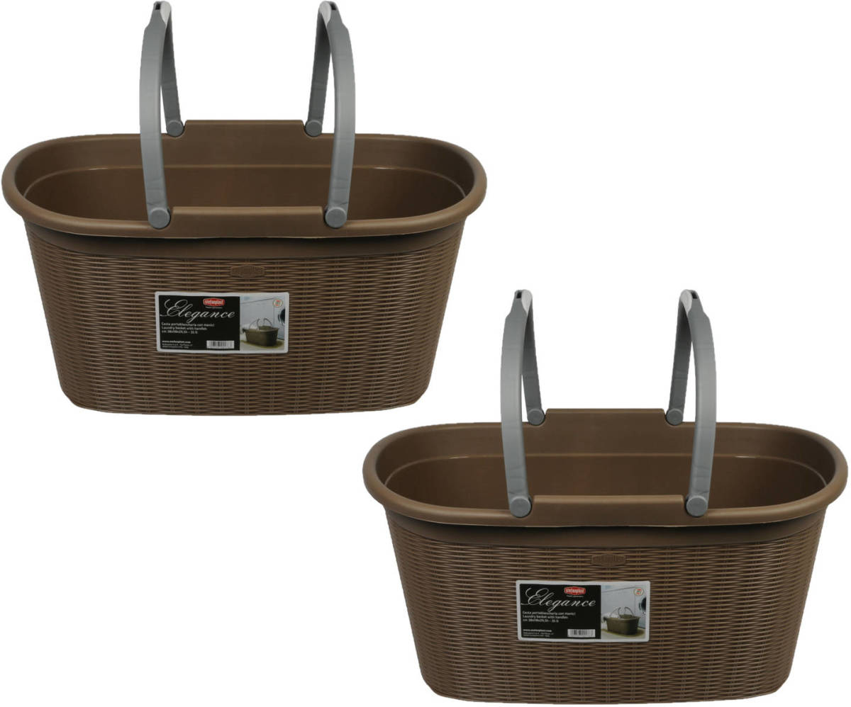 Shoppartners 2x Stuks Kunststof Wasmanden Chocolade Bruin Met Grijze Handvatten 35 Liter L30 X B38 X H58 Cm - Wasmanden