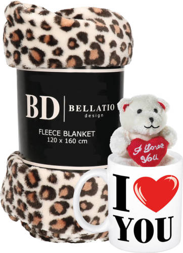 Bellatio Design Valentijn Cadeau Set - Fleece Plaid/deken Luipaard Print Met I Love You Mok En Beertje - Plaids