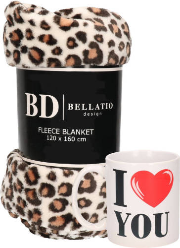 Bellatio Design Valentijn Cadeau Set - Fleece Plaid/deken Luipaard Print Met I Love You Mok - Plaids