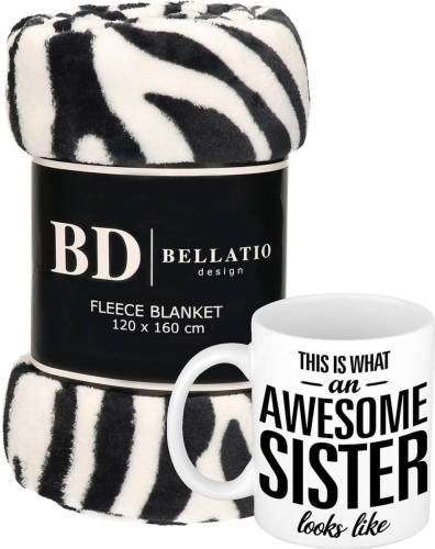 Bellatio Design Cadeau Zus Set - Fleece Plaid/deken Zebra Print Met Awesome Sister Mok - Plaids