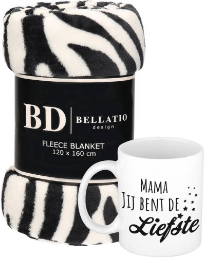 Bellatio Design Cadeau Moeder Set - Fleece Plaid/deken Zebra Print Met Mama Jij Bent De Liefste Mok - Plaids