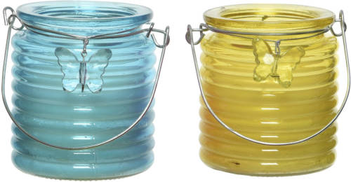 Decoris Set Van 2x Stuks Citronella Anti Muggen Kaarsen Windlicht Blauw En Geel 20 Branduren - Geurkaarsen