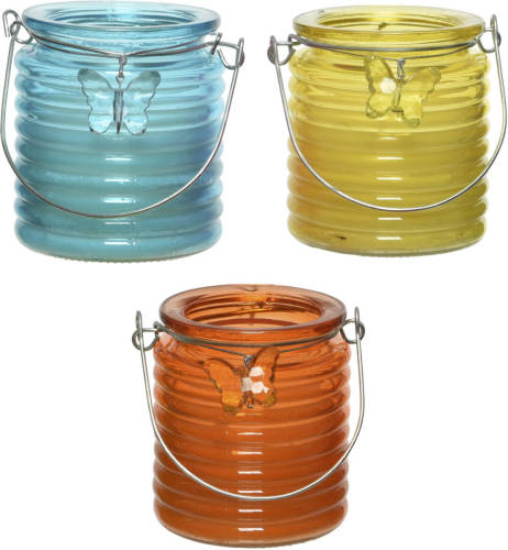 Decoris Set Van 3x Stuks Citronella Anti Muggen Kaarsen Windlicht Blauw, Geel En Oranje 20 Branduren - Geurkaarsen