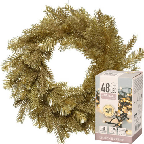 Decoris Kerstkrans Goud Glitter 50 Cm Incl. Verlichting Warm Wit 4m - Kerstkransen