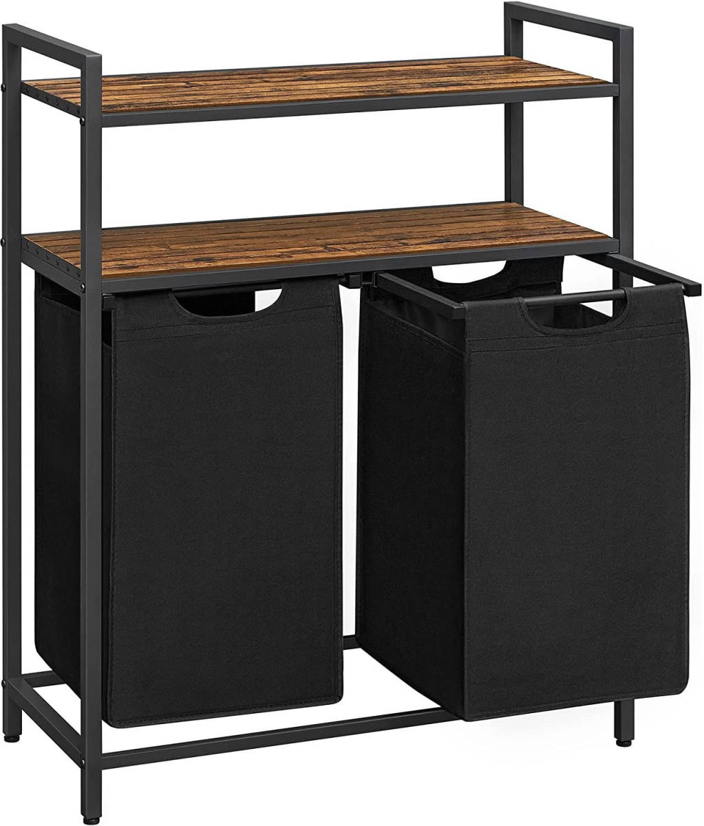 O'Daddy Wasmand 2 Vakken - Uitschuifbare Wassorteerder Met 2 Planken - 73 X 33 X 91 Cm - Metaal - Zwart Met Bruin