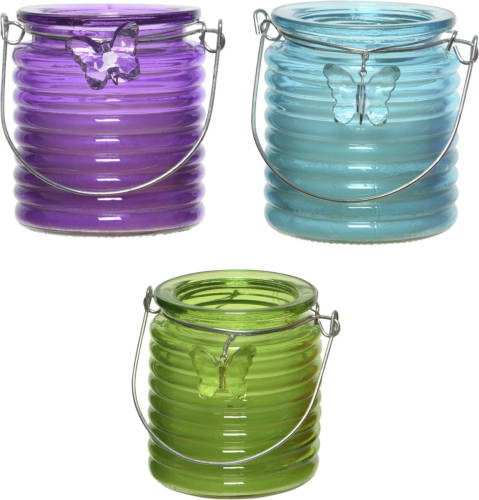 Decoris Set Van 3x Stuks Citronella Anti Muggen Kaarsen Windlicht Paars, Blauw En Groen 20 Branduren - Geurkaarsen