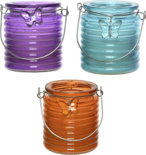 Decoris Set Van 3x Stuks Citronella Anti Muggen Kaarsen Windlicht Paars, Blauw En Oranje 20 Branduren - Geurkaarsen