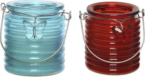 Decoris Set Van 2x Stuks Citronella Anti Muggen Kaarsen Windlicht Blauw En Rood 20 Branduren - Geurkaarsen