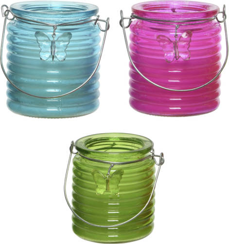 Decoris Set Van 3x Stuks Citronella Anti Muggen Kaarsen Windlicht Blauw, Roze En Groen 20 Branduren - Geurkaarsen