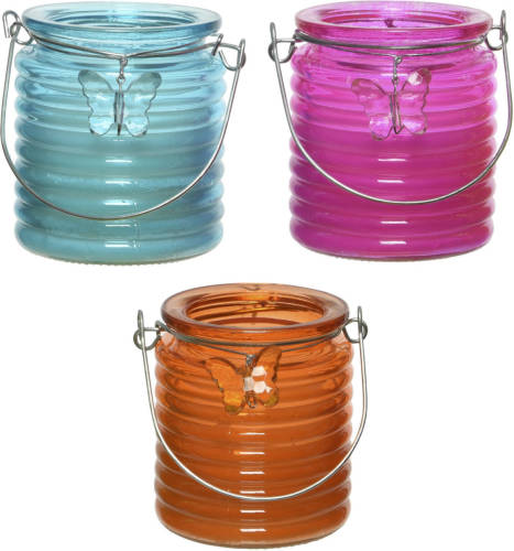 Decoris Set Van 3x Stuks Citronella Anti Muggen Kaarsen Windlicht Blauw, Roze En Oranje 20 Branduren - Geurkaarsen