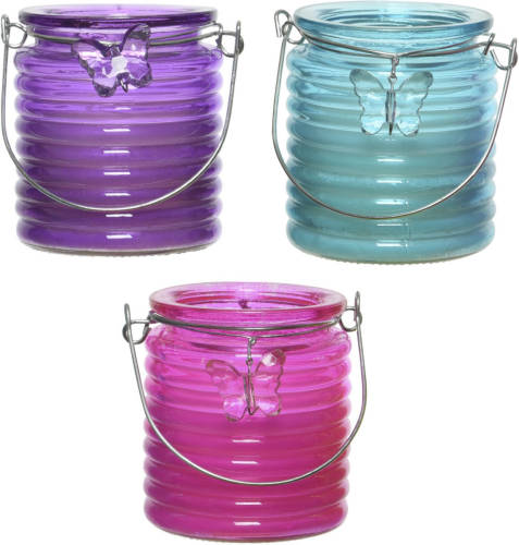 Decoris Set Van 3x Stuks Citronella Anti Muggen Kaarsen Windlicht Paars, Blauw En Roze 20 Branduren - Geurkaarsen