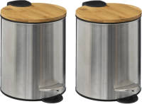 5five Set Van 2x Prullenbak/pedaalemmer Zilver - Bamboe/metaal - 3 Liter - 17 X 23 Cm - Pedaalemmers