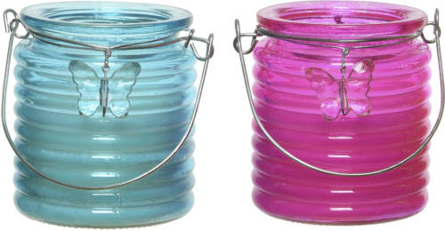 Decoris Set Van 2x Stuks Citronella Anti Muggen Kaarsen Windlicht Blauw En Roze 20 Branduren - Geurkaarsen