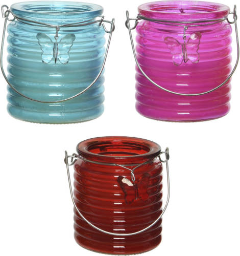 Decoris Set Van 3x Stuks Citronella Anti Muggen Kaarsen Windlicht Blauw, Roze En Rood 20 Branduren - Geurkaarsen