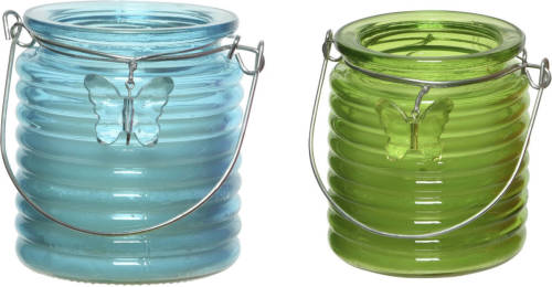 Decoris Set Van 2x Stuks Citronella Anti Muggen Kaarsen Windlicht Blauw En Groen 20 Branduren - Geurkaarsen