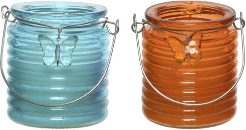 Decoris Set Van 2x Stuks Citronella Anti Muggen Kaarsen Windlicht Blauw En Oranje 20 Branduren - Geurkaarsen