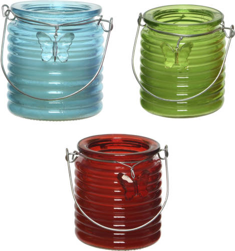 Decoris Set Van 3x Stuks Citronella Anti Muggen Kaarsen Windlicht Blauw, Groen En Rood 20 Branduren - Geurkaarsen