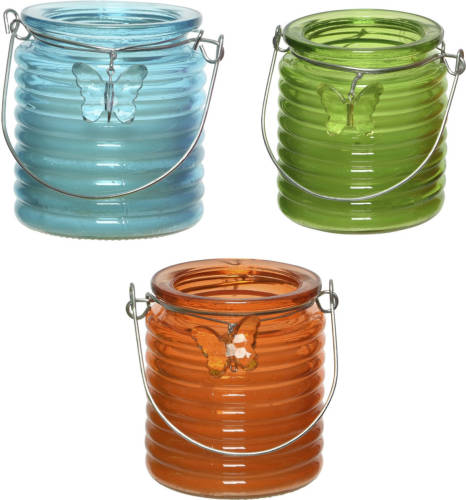 Decoris Set Van 3x Stuks Citronella Anti Muggen Kaarsen Windlicht Blauw, Groen En Oranje 20 Branduren - Geurkaarsen