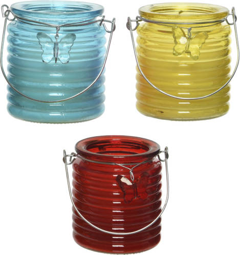 Decoris Set Van 3x Stuks Citronella Anti Muggen Kaarsen Windlicht Blauw, Geel En Rood 20 Branduren - Geurkaarsen