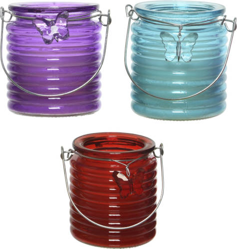 Decoris Set Van 3x Stuks Citronella Anti Muggen Kaarsen Windlicht Paars, Blauw En Rood 20 Branduren - Geurkaarsen