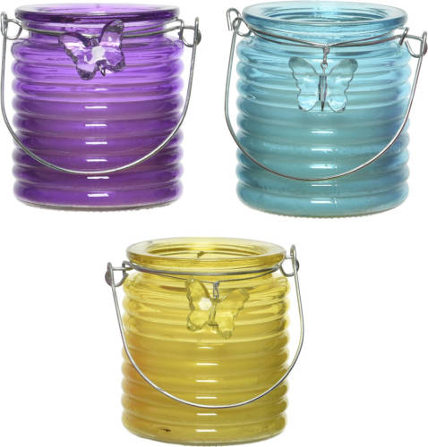 Decoris Set Van 3x Stuks Citronella Anti Muggen Kaarsen Windlicht Paars, Blauw En Geel 20 Branduren - Geurkaarsen