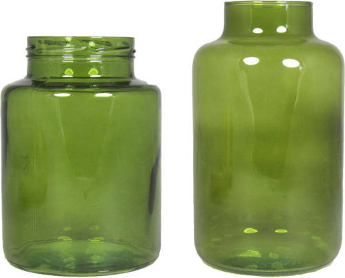 Floran Set Van 2 Bloemenvazen - Groen Transparant Glas - 20 X 15 Cm En 25 X 15 Cm - Vazen