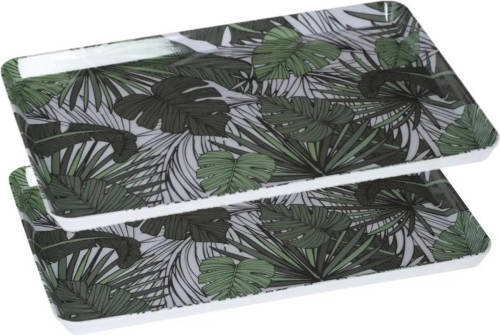 Secret de Gourmet 2x Stuks Dienbladen/serveerbladen Rechthoekig Jungle 30 X 22 Cm Wit/groen - Dienbladen