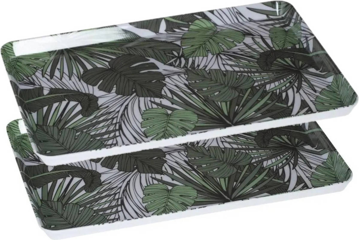 Secret de Gourmet 2x Stuks Dienbladen/serveerbladen Rechthoekig Jungle 30 X 22 Cm Wit/groen - Dienbladen