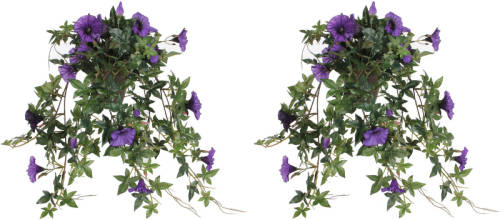 Mica Decorations 2x Stuks Groene Petunia Paarse Bloemen Kunstplanten 50 Cm - Kunstplanten