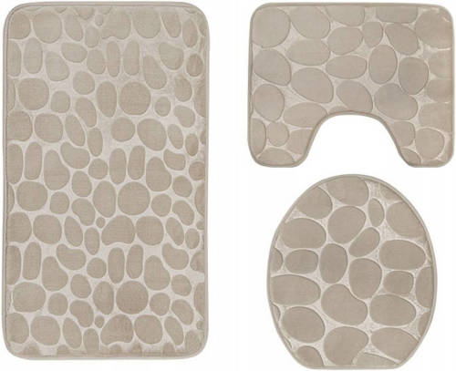 Tragar Homely Luxe 3 Delige Badkamermatten Set Met Antislip - Toilet Badkamer Wc Bril Mat - Tr-6 3d Stone Look Beige