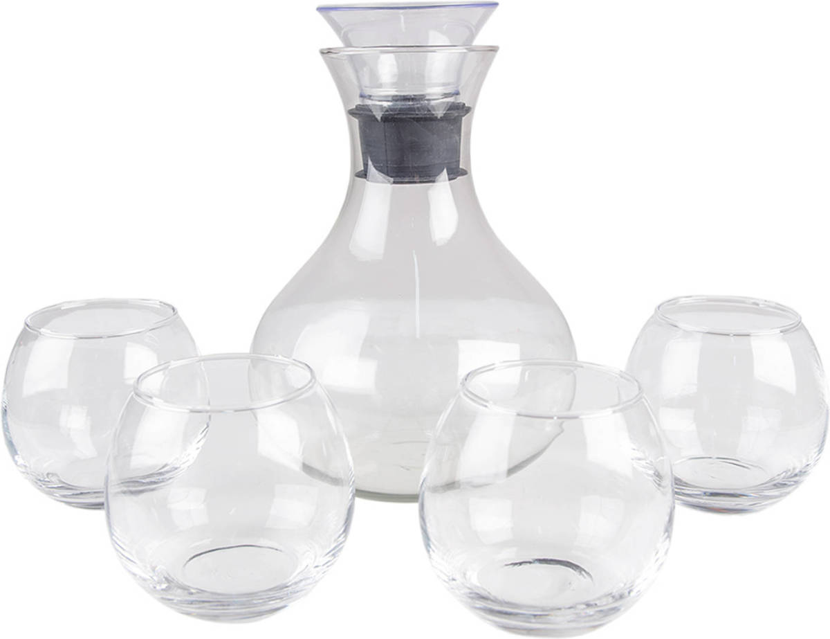 Clayre & Eef Karaf Met Glazen 1740 Ml / 375 Ml Glas Rond Waterkan Wijnkaraf Transparant Waterkan Wijnkaraf