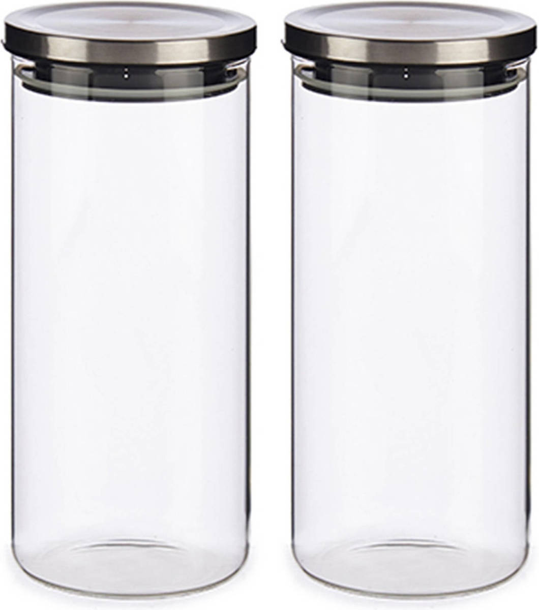 Vivalto Set Van 2x Stuks Glazen Luxe Keuken Voorraadpotten/voorraadbussen Met Deksel Zilver 1380 Ml - Voorraadpot
