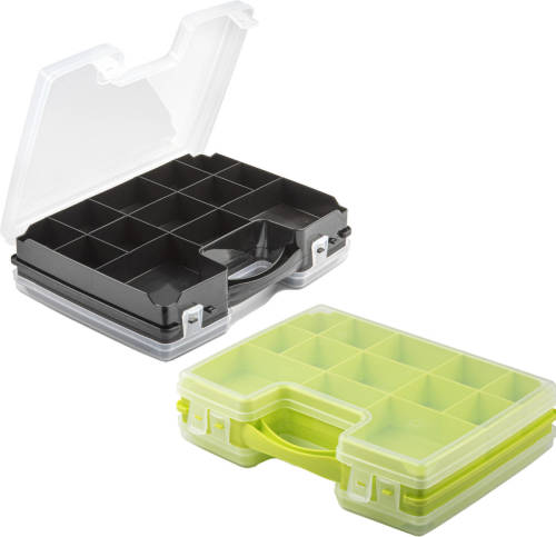 Forte Plastics - 2x Opberg Vakjes Doos/sorteerbox - 21-vaks Kunststof - 28 X 21 X 6 Cm - Zwart/groen - Opbergbox