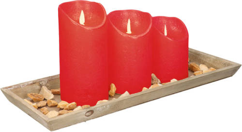 Anna's Collection Dienblad Van Hout Met 3 Led Kaarsen In De Kleur Rood 39 X 15 Cm - Led Kaarsen