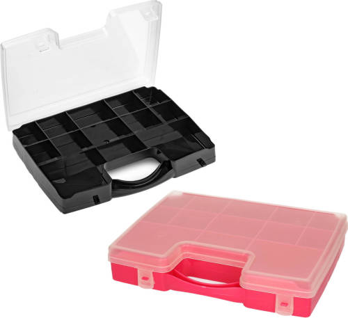 Forte Plastics - Opberg Vakjes Doos/sorteerbox - 13-vaks Kunststof - 27 X 20 X 3 Cm - Zwart/roze - Opbergbox