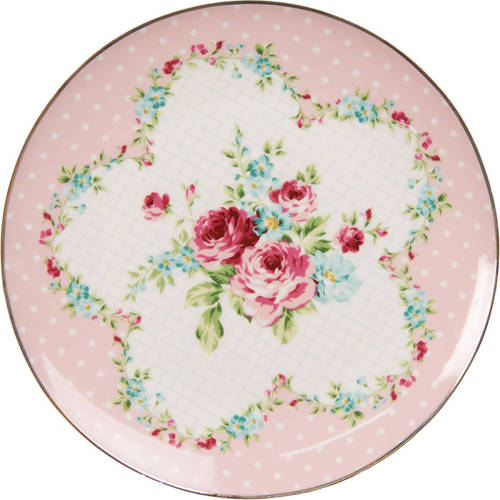 Clayre & Eef Ontbijtbord Ø 20 Cm Roze Wit Porselein Bloemen Bord Eetbord Klein Bord Roze Bord Eetbord