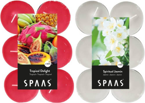 Candles by Spaas Geurkaarsen - 24x Stuks In 2 Geuren Jasmin En Tropical Delight - Geurkaarsen