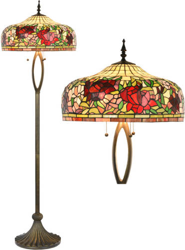 Clayre & Eef Lumilamp Tiffany Vloerlamp Ø 48x165 Cm Beige Rood Glas Kunststof Rond Bloemen Staande Lamp Glas In Lood Tiffany Lamp