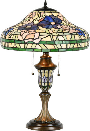 Clayre & Eef Lumilamp Tiffany Tafellamp Ø 46x60 Cm Beige Groen Glas Kunststof Rond Bloemen Tiffany Bureaulamp Tiffany Lampen Glas