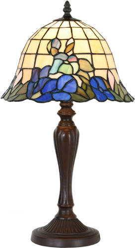 Clayre & Eef Lumilamp Tiffany Tafellamp Ø 29x53 Cm Blauw Beige Glas Kunststof Rond Bloemen Tiffany Bureaulamp Tiffany Lampen Glas