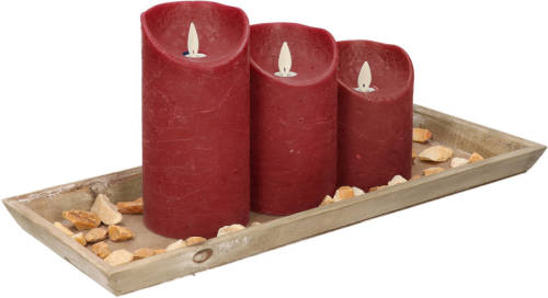 Anna's Collection Houten Dienblad Met Steentjes En 3 Led Kaarsen In Het Bordeaux Rood 39 X 15 Cm - Led Kaarsen