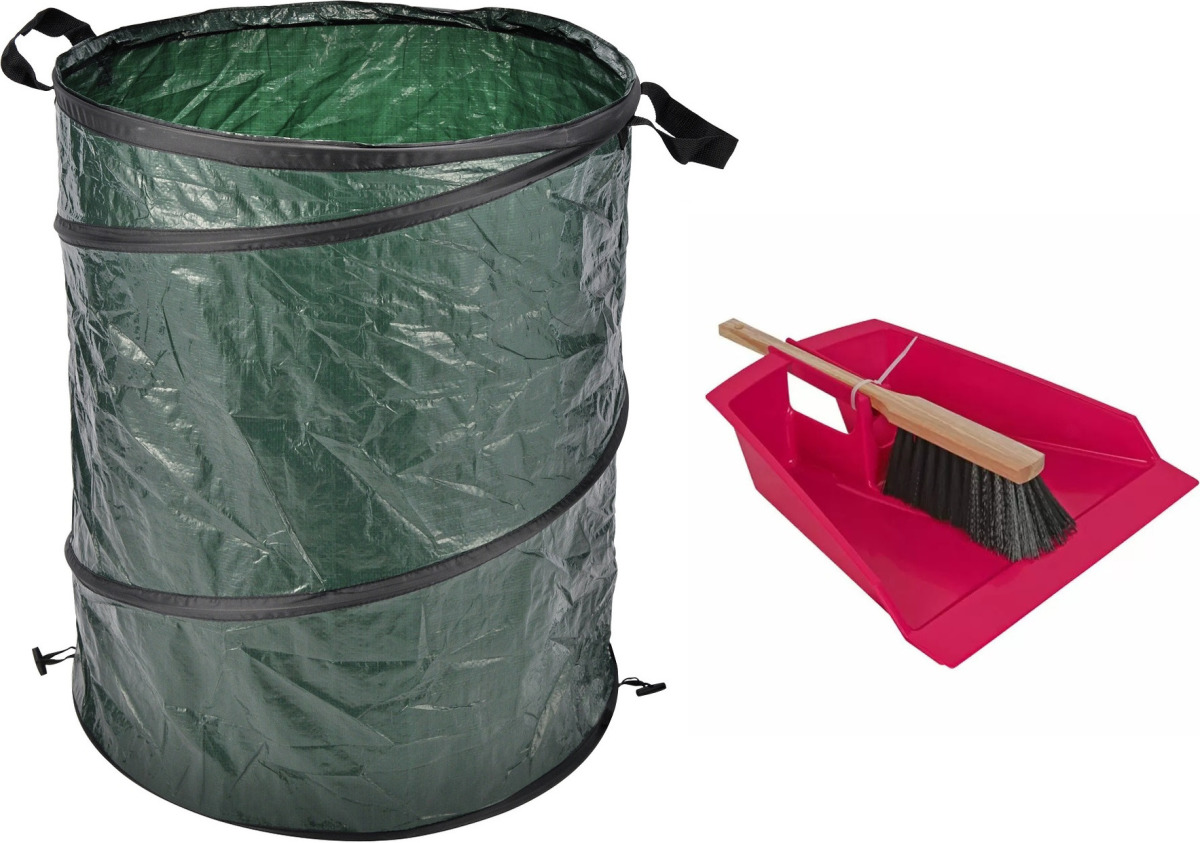 Talen Tools Groot stoffer/blik roze 43 cm met tuinafvalzak 130L voor tuinafval/bladeren